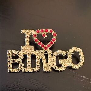 Vintage I love Bingo Rhinestones Brooch Bingo Player Jewelry Red Heart Gold Tone